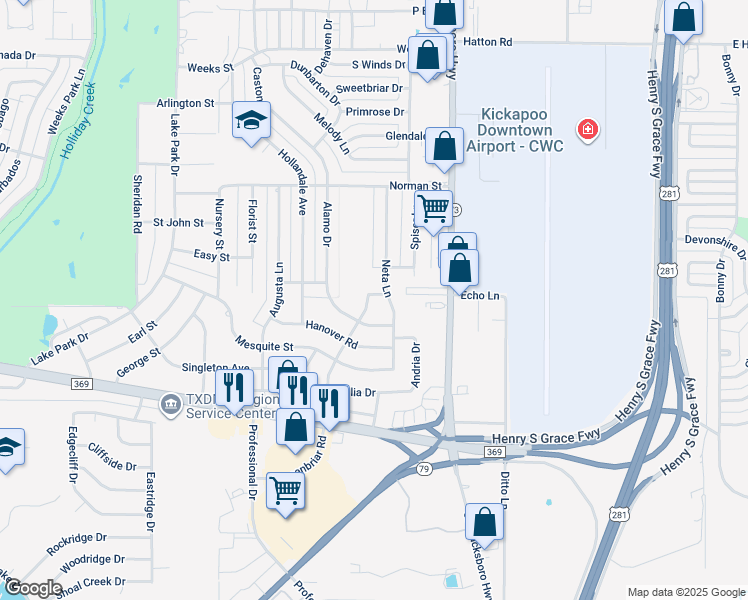 map of restaurants, bars, coffee shops, grocery stores, and more near 4801 Greenbriar Road in Wichita Falls