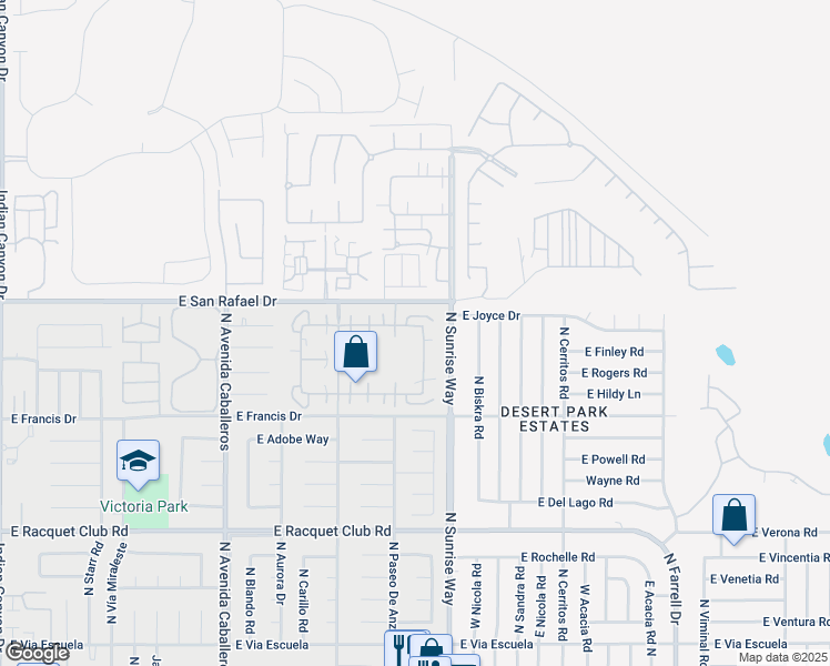 map of restaurants, bars, coffee shops, grocery stores, and more near 3079 Sunflower Circle in Palm Springs