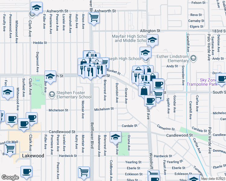 map of restaurants, bars, coffee shops, grocery stores, and more near 5628 Coldbrook Avenue in Lakewood