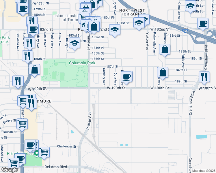 map of restaurants, bars, coffee shops, grocery stores, and more near 18933 Florwood Avenue in Torrance