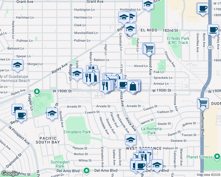 map of restaurants, bars, coffee shops, grocery stores, and more near 2433 West 190th Street in Redondo Beach