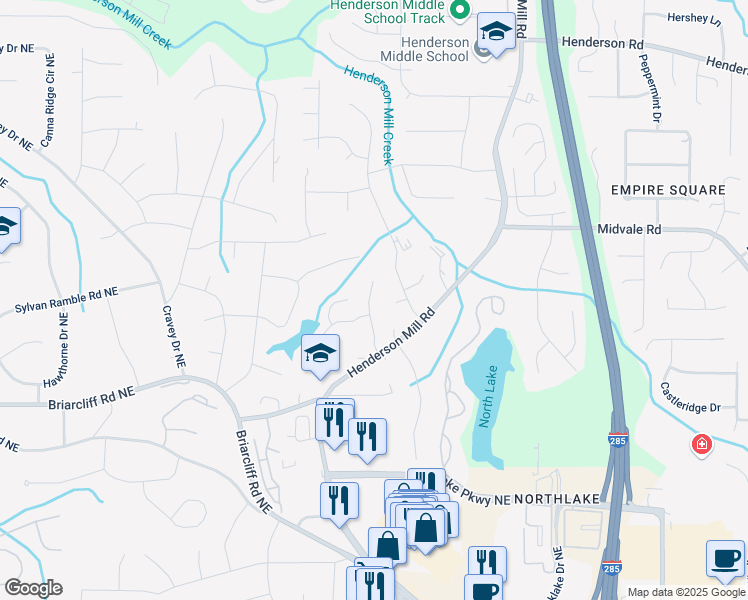 map of restaurants, bars, coffee shops, grocery stores, and more near 2473 Kings Arms Drive in Atlanta