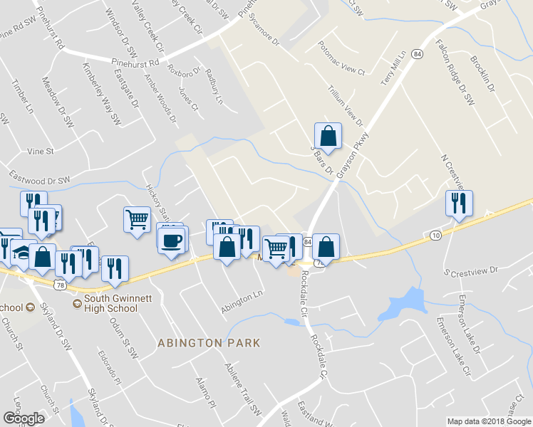 map of restaurants, bars, coffee shops, grocery stores, and more near 2559 Hard Twist Drive in Grayson