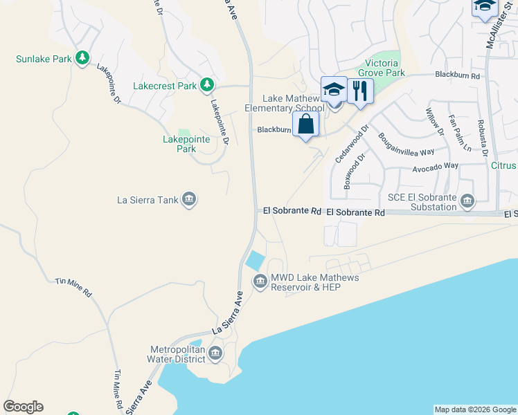 map of restaurants, bars, coffee shops, grocery stores, and more near El Sobrante Road in Riverside