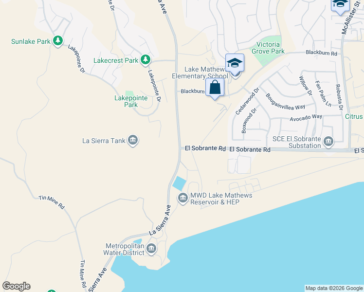 map of restaurants, bars, coffee shops, grocery stores, and more near 11875 El Sobrante Road in Riverside