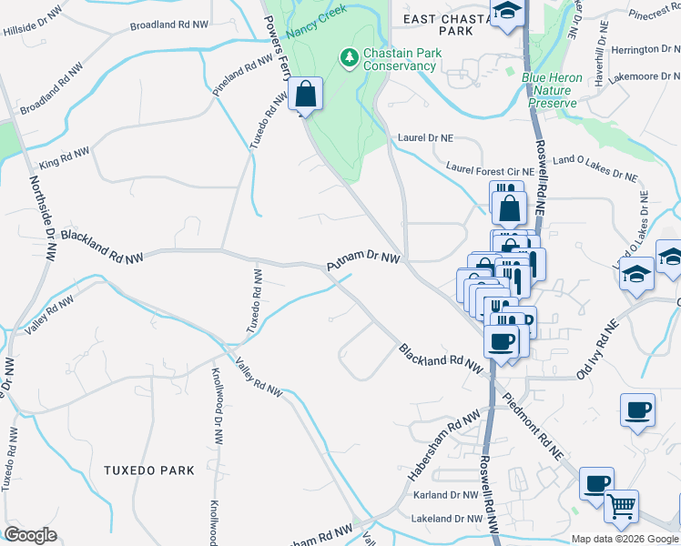 map of restaurants, bars, coffee shops, grocery stores, and more near 114 Blackland Road Northwest in Atlanta