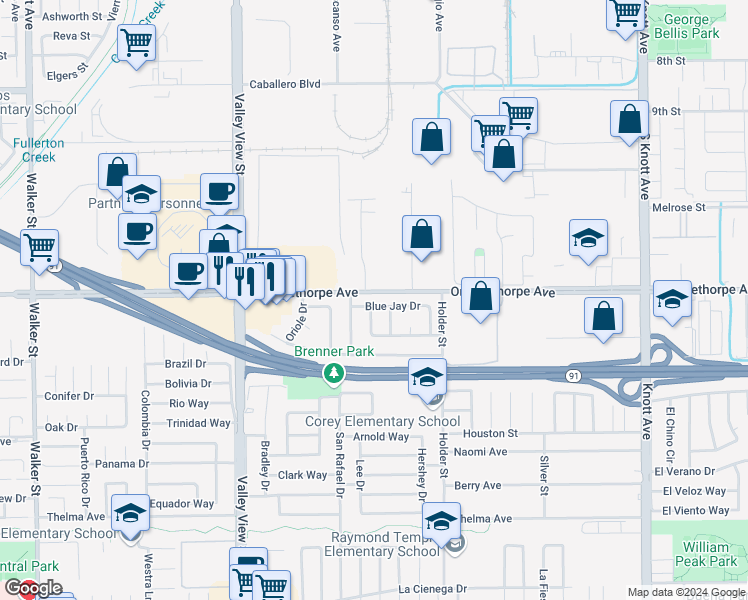 map of restaurants, bars, coffee shops, grocery stores, and more near 6359 Blue Jay Drive in Buena Park