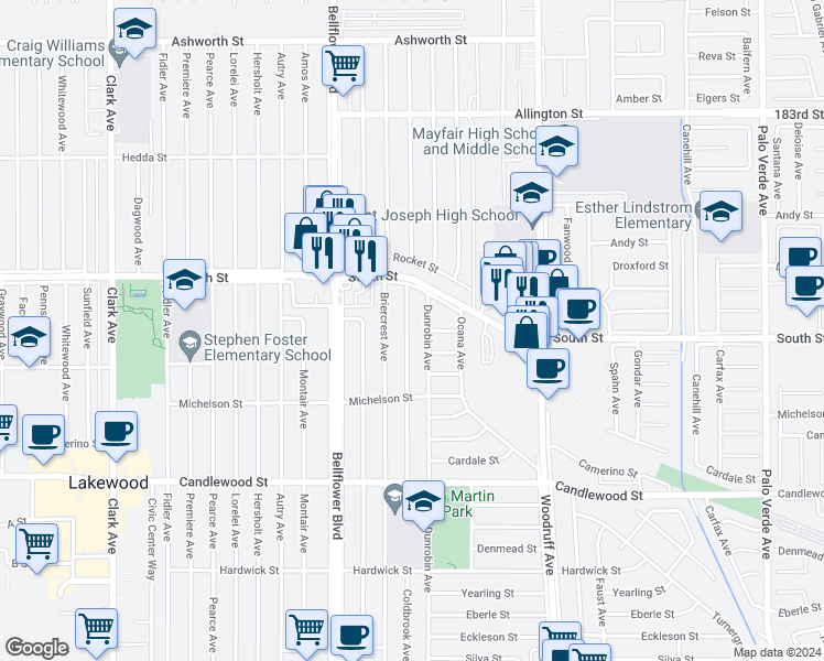 map of restaurants, bars, coffee shops, grocery stores, and more near 5628 Coldbrook Avenue in Lakewood