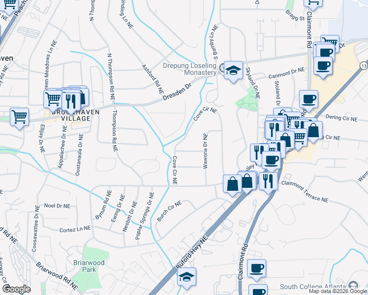 map of restaurants, bars, coffee shops, grocery stores, and more near 1672 Cotswold Drive Northeast in Atlanta