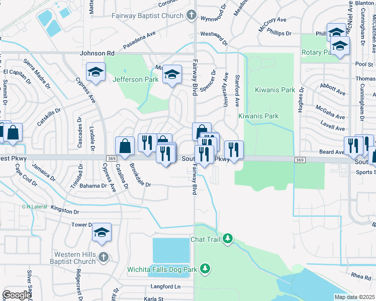 map of restaurants, bars, coffee shops, grocery stores, and more near 4600 Southwest Parkway in Wichita Falls