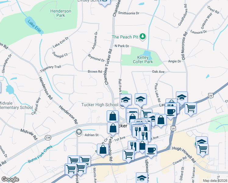 map of restaurants, bars, coffee shops, grocery stores, and more near 2472 Ball Park Drive in Tucker