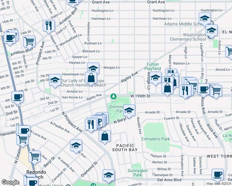 map of restaurants, bars, coffee shops, grocery stores, and more near 1913 190th Street in Redondo Beach