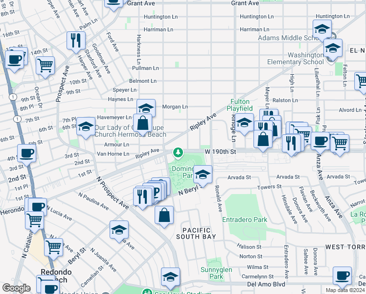 map of restaurants, bars, coffee shops, grocery stores, and more near 1913 190th Street in Redondo Beach