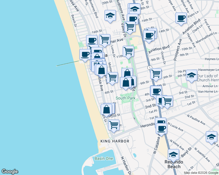 map of restaurants, bars, coffee shops, grocery stores, and more near 636 Manhattan Avenue in Hermosa Beach