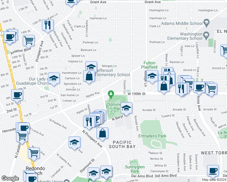 map of restaurants, bars, coffee shops, grocery stores, and more near 1913 190th Street in Redondo Beach