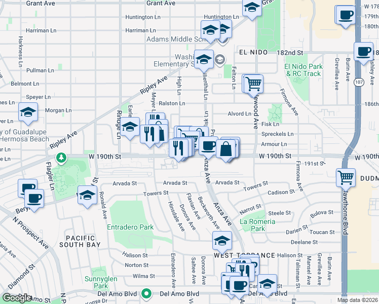map of restaurants, bars, coffee shops, grocery stores, and more near 2433 West 190th Street in Redondo Beach
