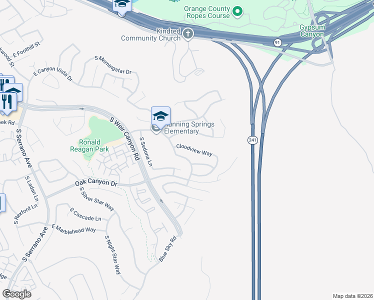 map of restaurants, bars, coffee shops, grocery stores, and more near 8750 Cloudview Way in Anaheim