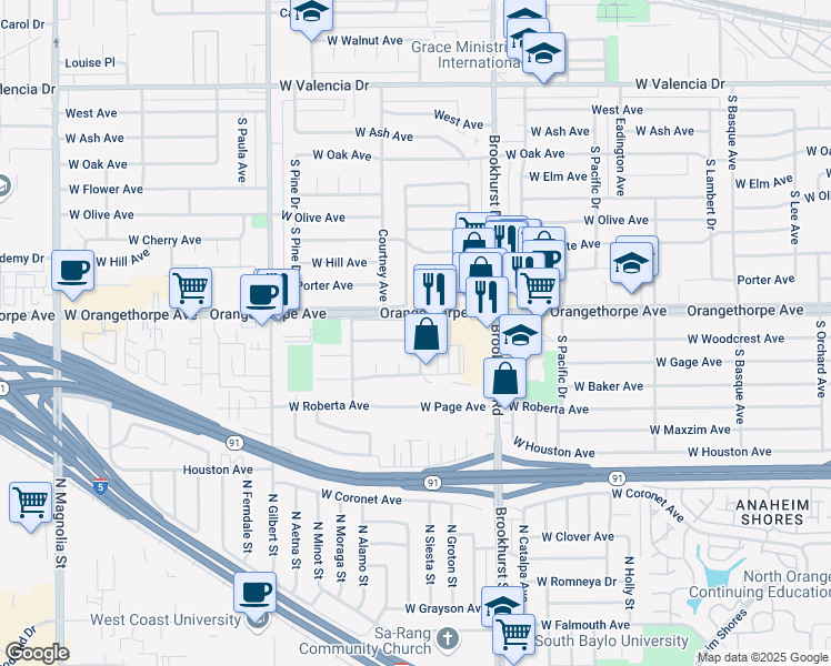 map of restaurants, bars, coffee shops, grocery stores, and more near 1912 West Woodcrest Avenue in Fullerton