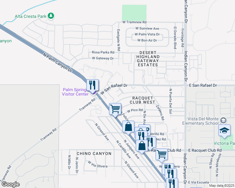 map of restaurants, bars, coffee shops, grocery stores, and more near 575 North Villa Court in Palm Springs