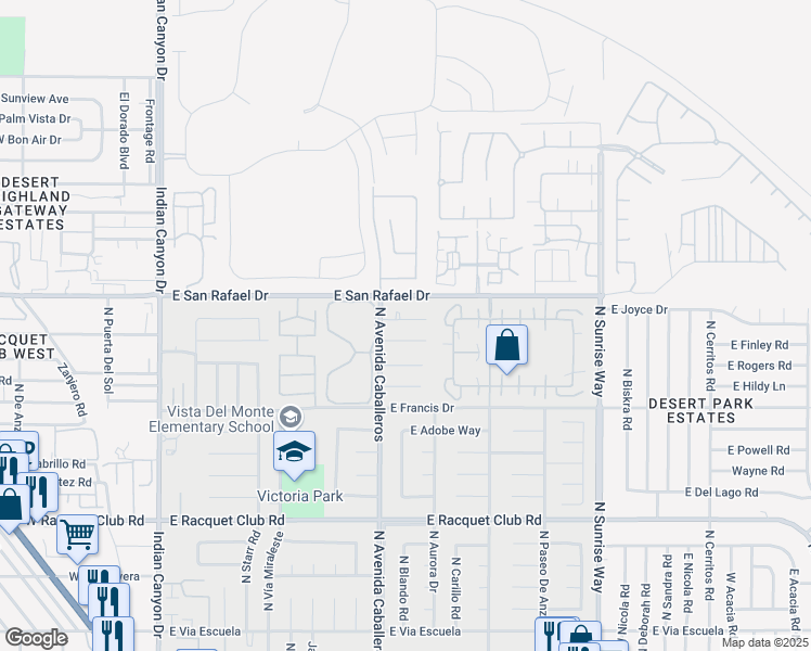 map of restaurants, bars, coffee shops, grocery stores, and more near 1069 Azure Court in Palm Springs