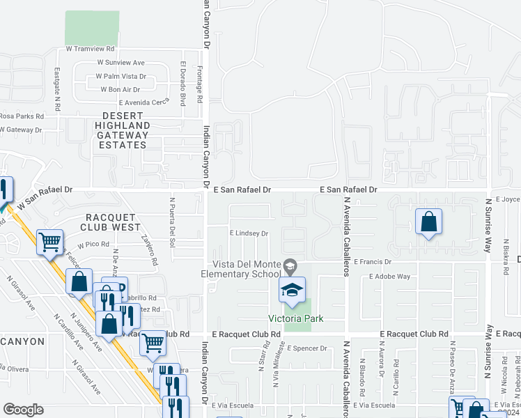 map of restaurants, bars, coffee shops, grocery stores, and more near 505 East Molino Road in Palm Springs