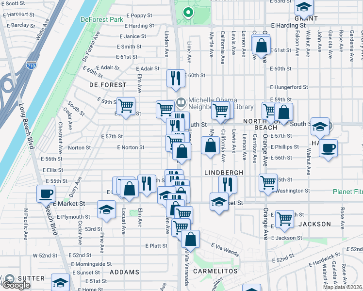 map of restaurants, bars, coffee shops, grocery stores, and more near 56 East 56th Street in Long Beach