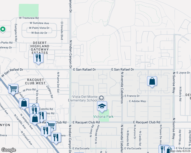 map of restaurants, bars, coffee shops, grocery stores, and more near 595 Carnation Street in Palm Springs
