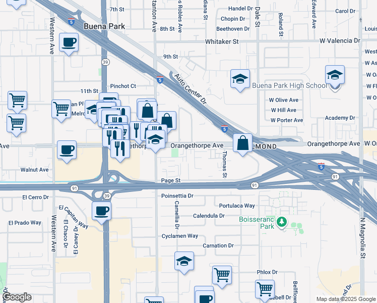 map of restaurants, bars, coffee shops, grocery stores, and more near 8184 Orangethorpe Avenue in Buena Park