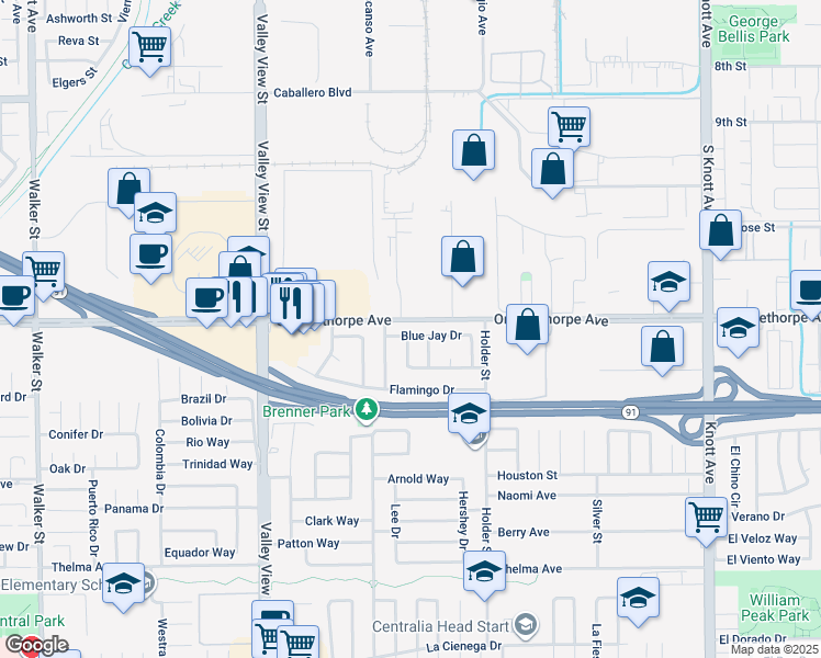map of restaurants, bars, coffee shops, grocery stores, and more near 6359 Blue Jay Drive in Buena Park