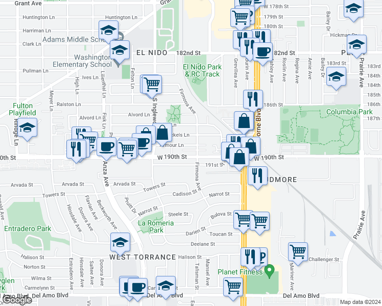 map of restaurants, bars, coffee shops, grocery stores, and more near 2779 190th Street in Redondo Beach