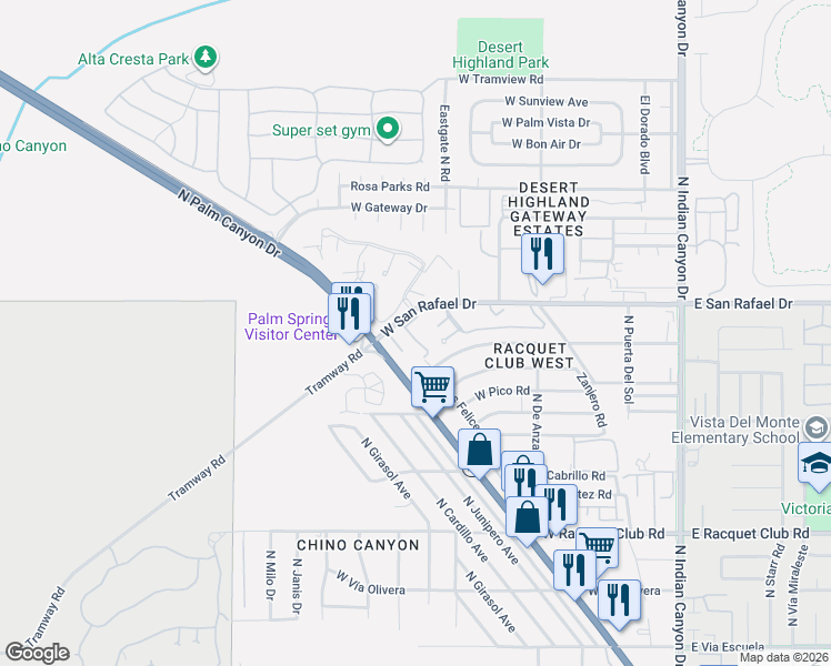 map of restaurants, bars, coffee shops, grocery stores, and more near 2860 North Los Felices Road in Palm Springs