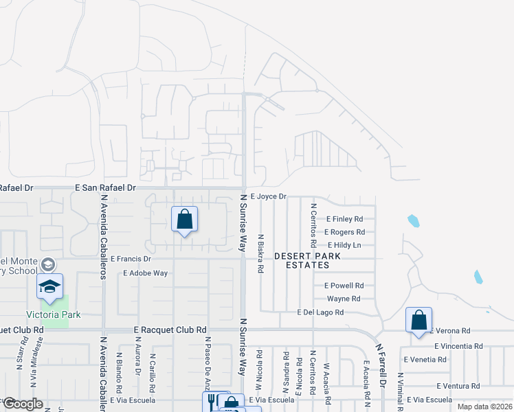 map of restaurants, bars, coffee shops, grocery stores, and more near 3050 North Sunrise Way in Palm Springs