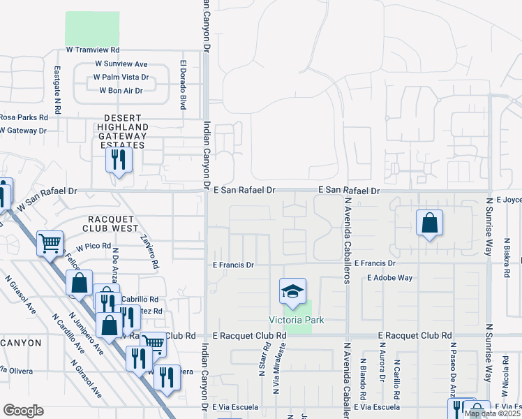 map of restaurants, bars, coffee shops, grocery stores, and more near 505 East Molino Road in Palm Springs
