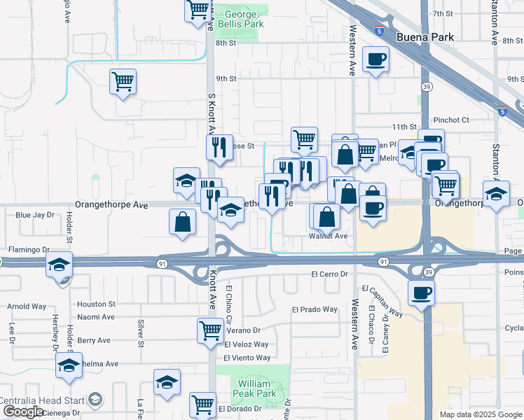 map of restaurants, bars, coffee shops, grocery stores, and more near 7142 Orangethorpe Avenue in Buena Park
