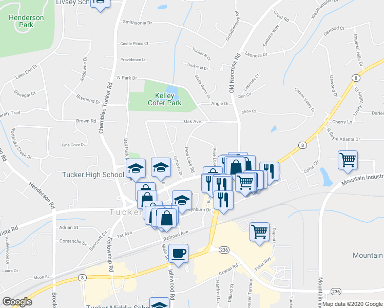 map of restaurants, bars, coffee shops, grocery stores, and more near 2489 Pine Lake Road in Tucker