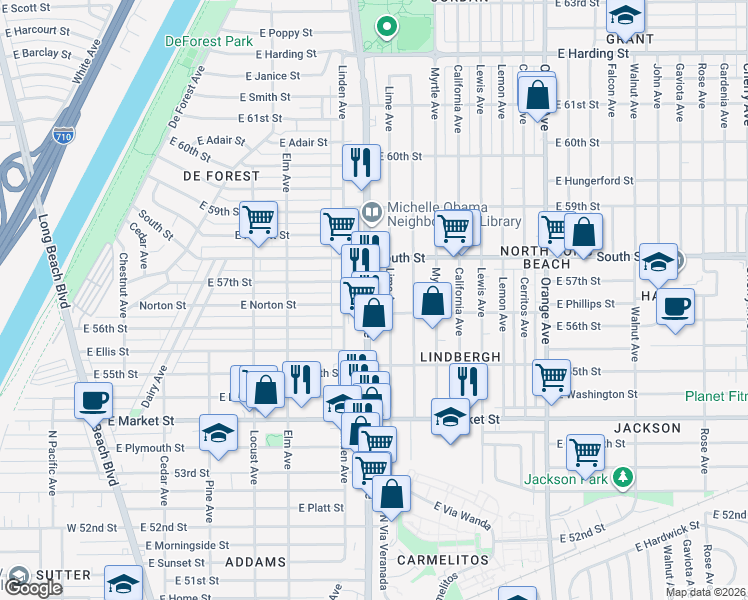map of restaurants, bars, coffee shops, grocery stores, and more near 56 East 56th Street in Long Beach
