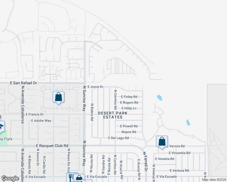 map of restaurants, bars, coffee shops, grocery stores, and more near 3012 North Cypress Road in Palm Springs