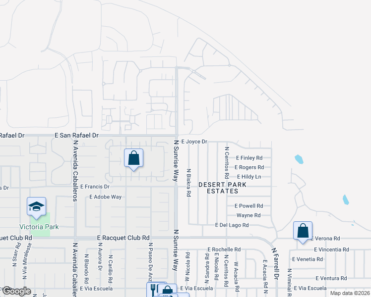 map of restaurants, bars, coffee shops, grocery stores, and more near 3050 North Sunrise Way in Palm Springs