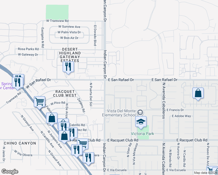 map of restaurants, bars, coffee shops, grocery stores, and more near 3131 North Indian Canyon Drive in Palm Springs