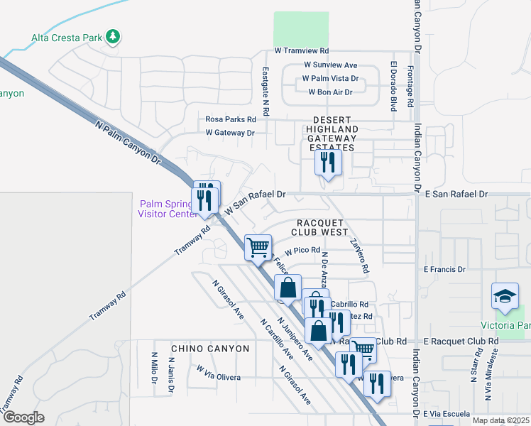 map of restaurants, bars, coffee shops, grocery stores, and more near 544 West Santa Catalina Road in Palm Springs