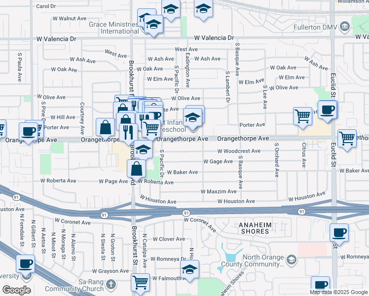 map of restaurants, bars, coffee shops, grocery stores, and more near 1612 West Woodcrest Avenue in Fullerton