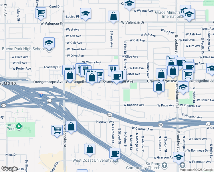 map of restaurants, bars, coffee shops, grocery stores, and more near 1324 South Peckham Street in Fullerton
