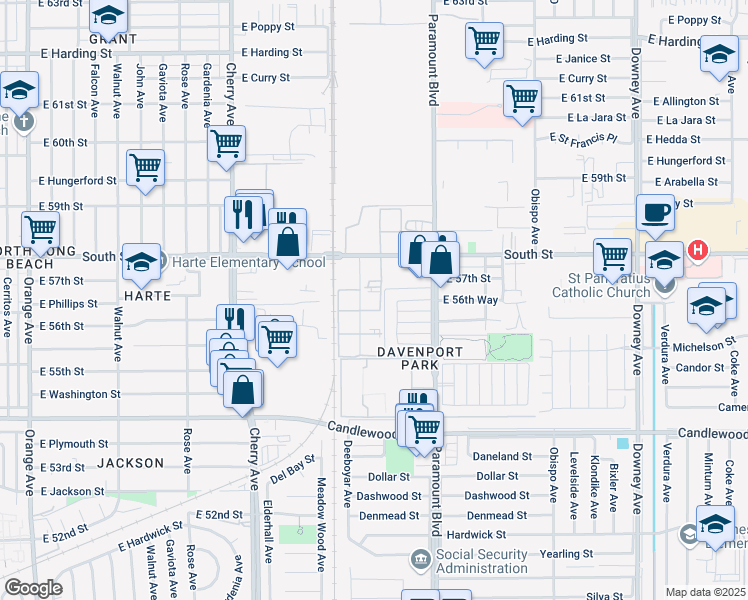 map of restaurants, bars, coffee shops, grocery stores, and more near 5530 Ackerfield Avenue in Long Beach