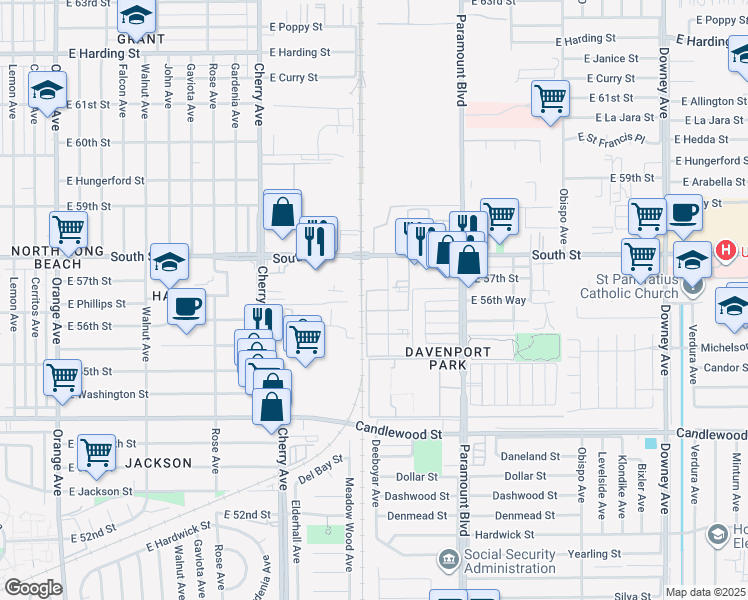 map of restaurants, bars, coffee shops, grocery stores, and more near 5535 Ackerfield Avenue in Long Beach