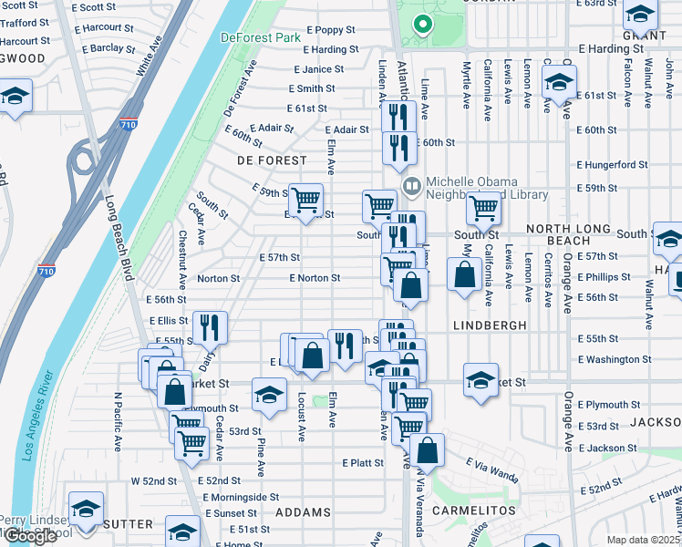 map of restaurants, bars, coffee shops, grocery stores, and more near 422 East Norton Street in Long Beach