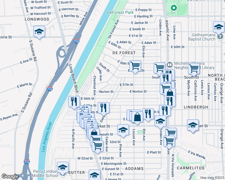 map of restaurants, bars, coffee shops, grocery stores, and more near 5624 Dairy Avenue in Long Beach
