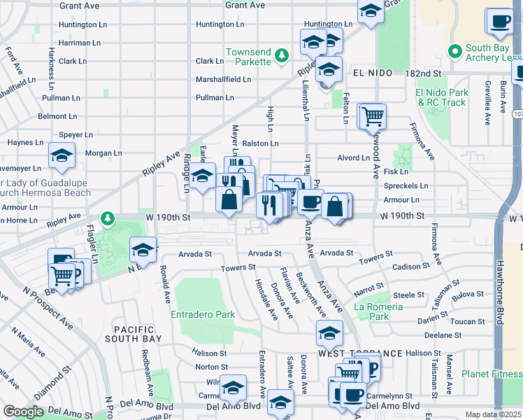 map of restaurants, bars, coffee shops, grocery stores, and more near 5202 West 190th Street in Torrance