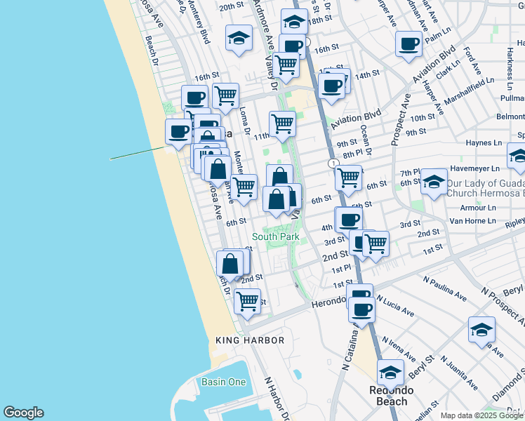 map of restaurants, bars, coffee shops, grocery stores, and more near 312 6th Street in Hermosa Beach