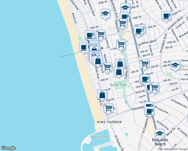 map of restaurants, bars, coffee shops, grocery stores, and more near in Hermosa Beach