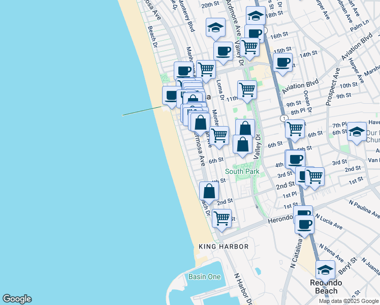 map of restaurants, bars, coffee shops, grocery stores, and more near in Hermosa Beach